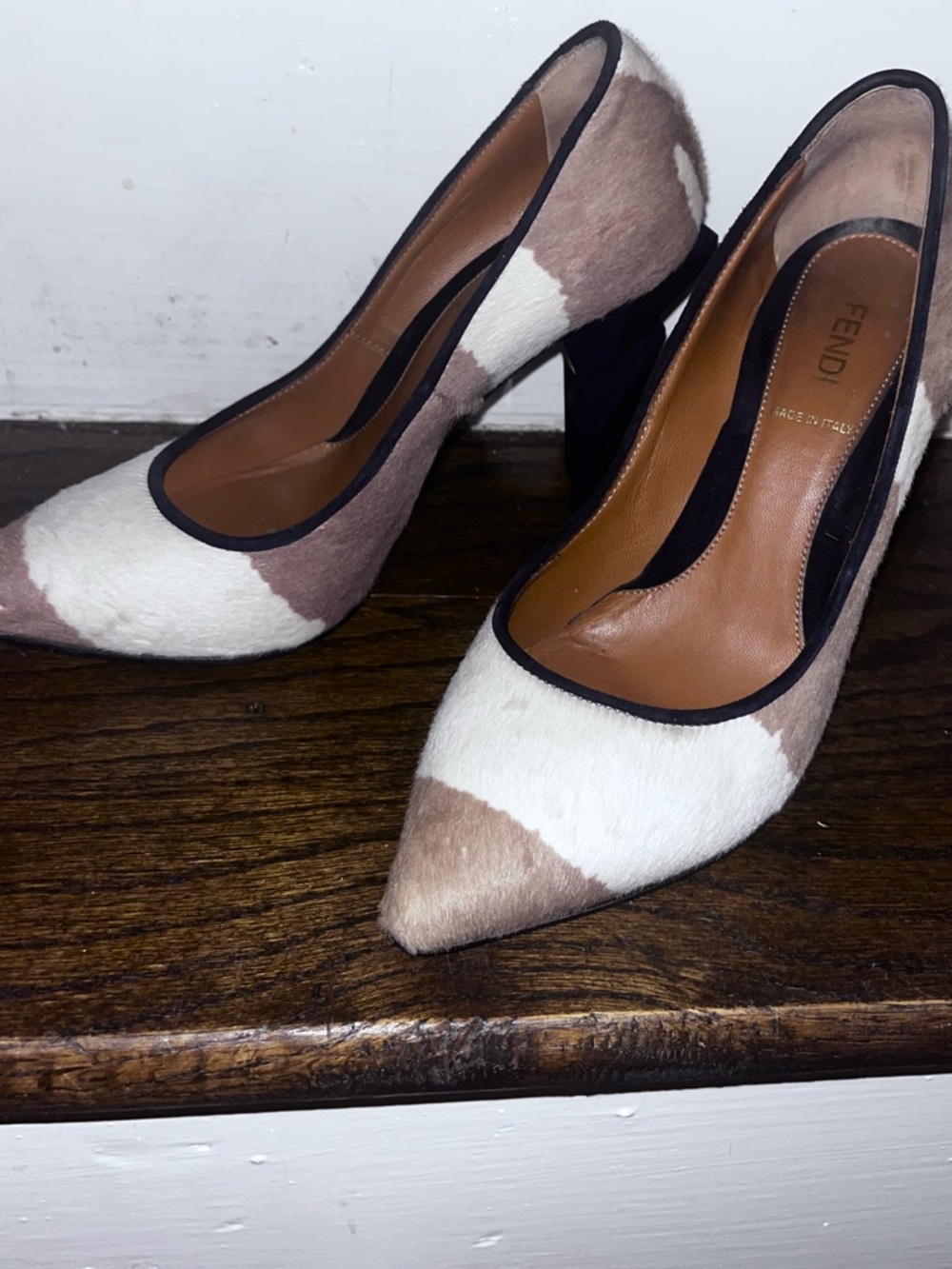 Fendi Two-Tone White and Taupe Pointed-Toe Pumps with Black Trim